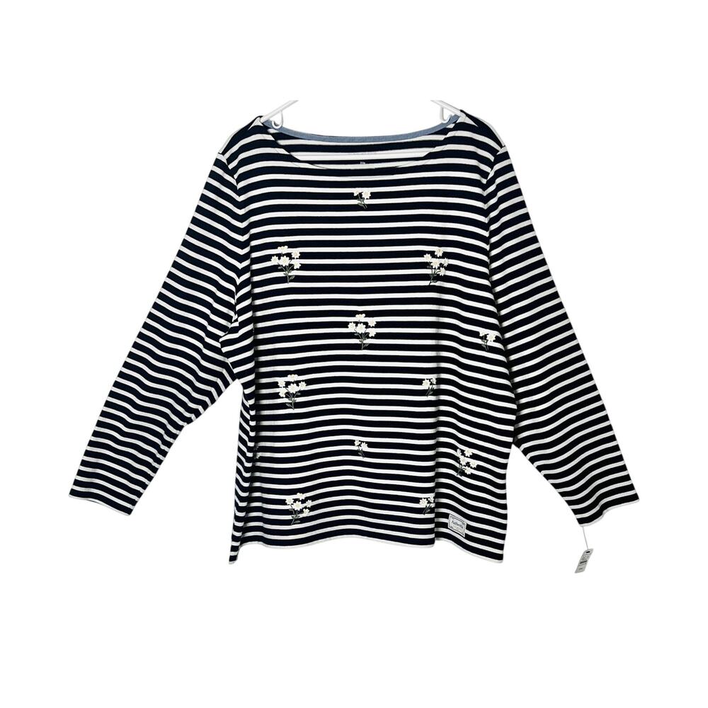 Talbots Top Womens Size 3XP Blue White Stripe Embroidered Daisies Cotton NWT